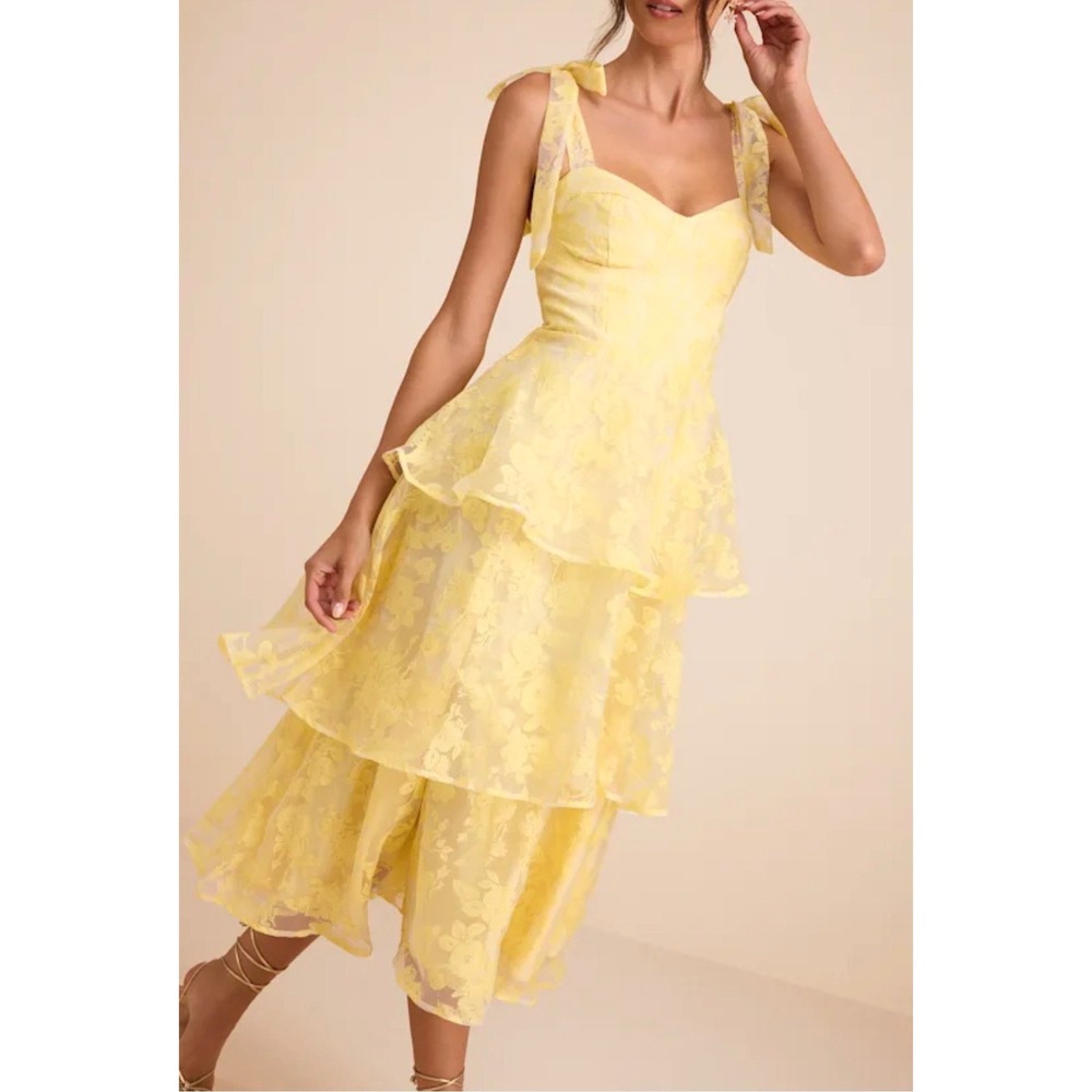 Lulus Love for Life Yellow Floral Organza Tiered Midi‎ Dress Womens Med